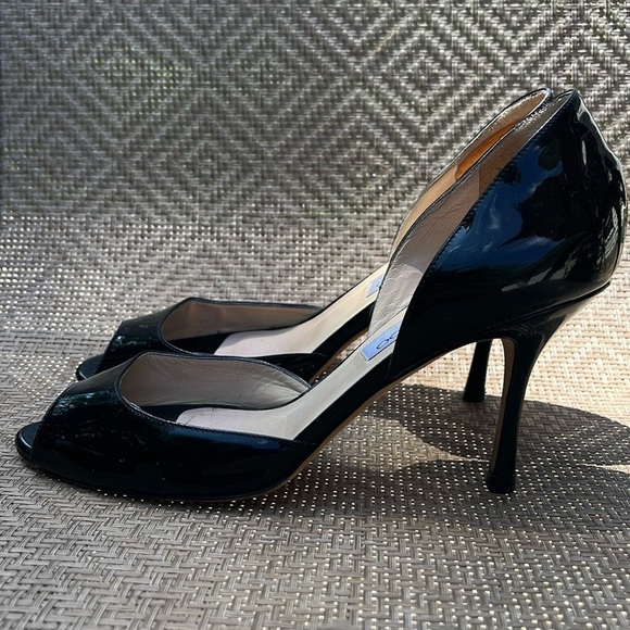 Jimmy Choo Black Patent Leather Peep Toe Pumps, Size 36 1/2 - Picture 4 of 14